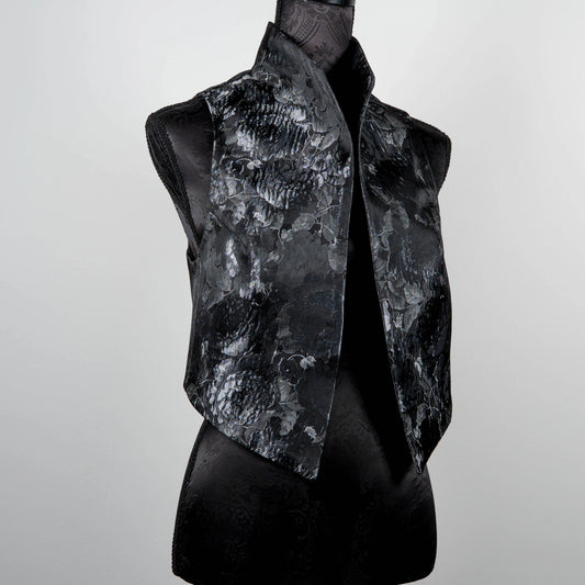 Grey floral vest with high stand up collar Event wear evening unique style wear Made in Melbourne Eloise the label
