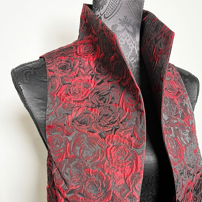 red roses floral brocade jacquard vest gold brocade ladies apparel stylish clothing handmade in melbourne classy elegant clothing timeless pieces timeless clothing classic style unique clothing unique style ageless style luxe fabrics statement clothing statement style evening style bold clothing floral vest stand up collar womens clothing made in australia eloise the label