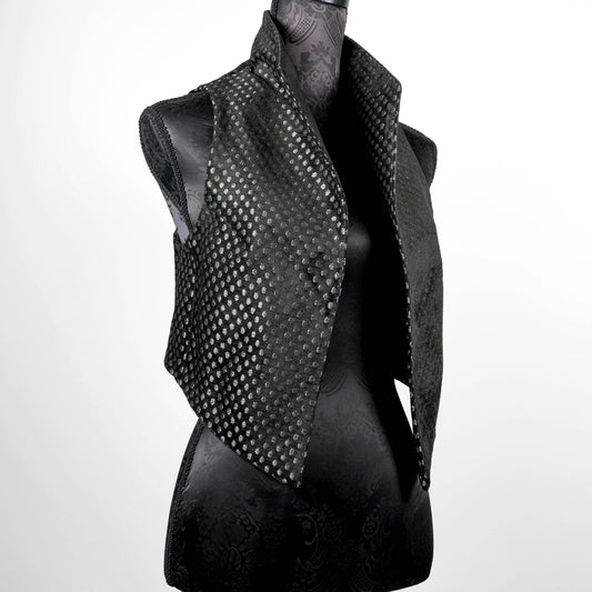 Black with silver dot vest with high stand up collar womans vest unique style made in Melbourne Eloise the label