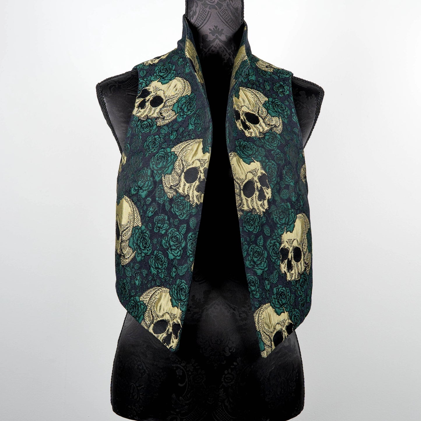 skulls and roses vest jacquard brocade vest Gothic style ladies apparel stylish clothing handmade in Melbourne classy elegant clothing timeless pieces timeless clothing classic style unique clothing unique style ageless style luxe fabrics statement clothing statement style evening style clothing floral vest stand up collar womens clothing made in Australia Eloise the label