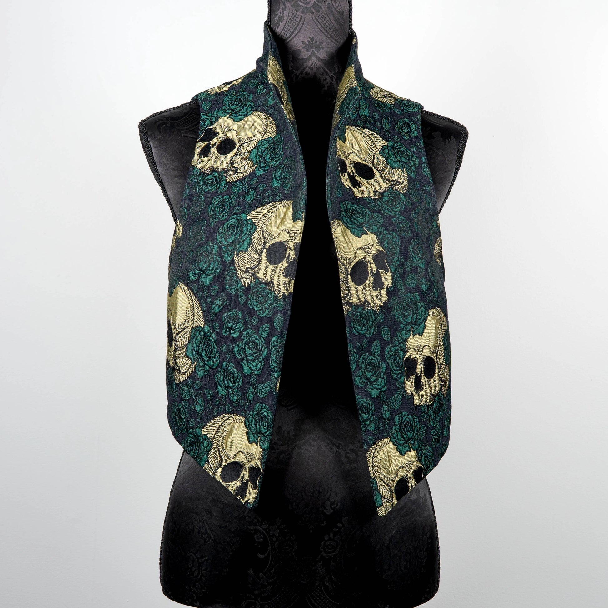 skulls and roses vest jacquard brocade vest Gothic style ladies apparel stylish clothing handmade in Melbourne classy elegant clothing timeless pieces timeless clothing classic style unique clothing unique style ageless style luxe fabrics statement clothing statement style evening style clothing floral vest stand up collar womens clothing made in Australia Eloise the label