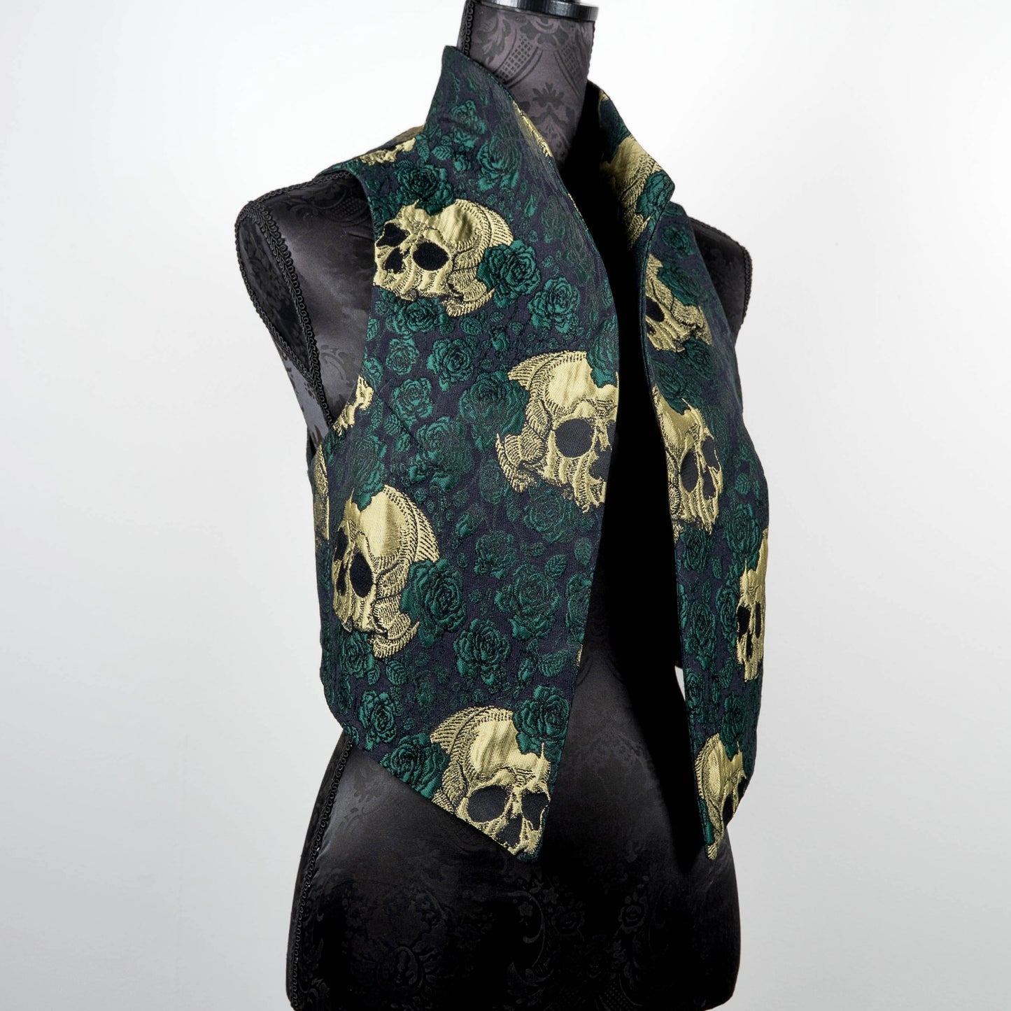 skulls and roses vest jacquard brocade vest Gothic style ladies apparel stylish clothing handmade in Melbourne classy elegant clothing timeless pieces timeless clothing classic style unique clothing unique style ageless style luxe fabrics statement clothing statement style evening style clothing floral vest stand up collar womens clothing made in Australia Eloise the label