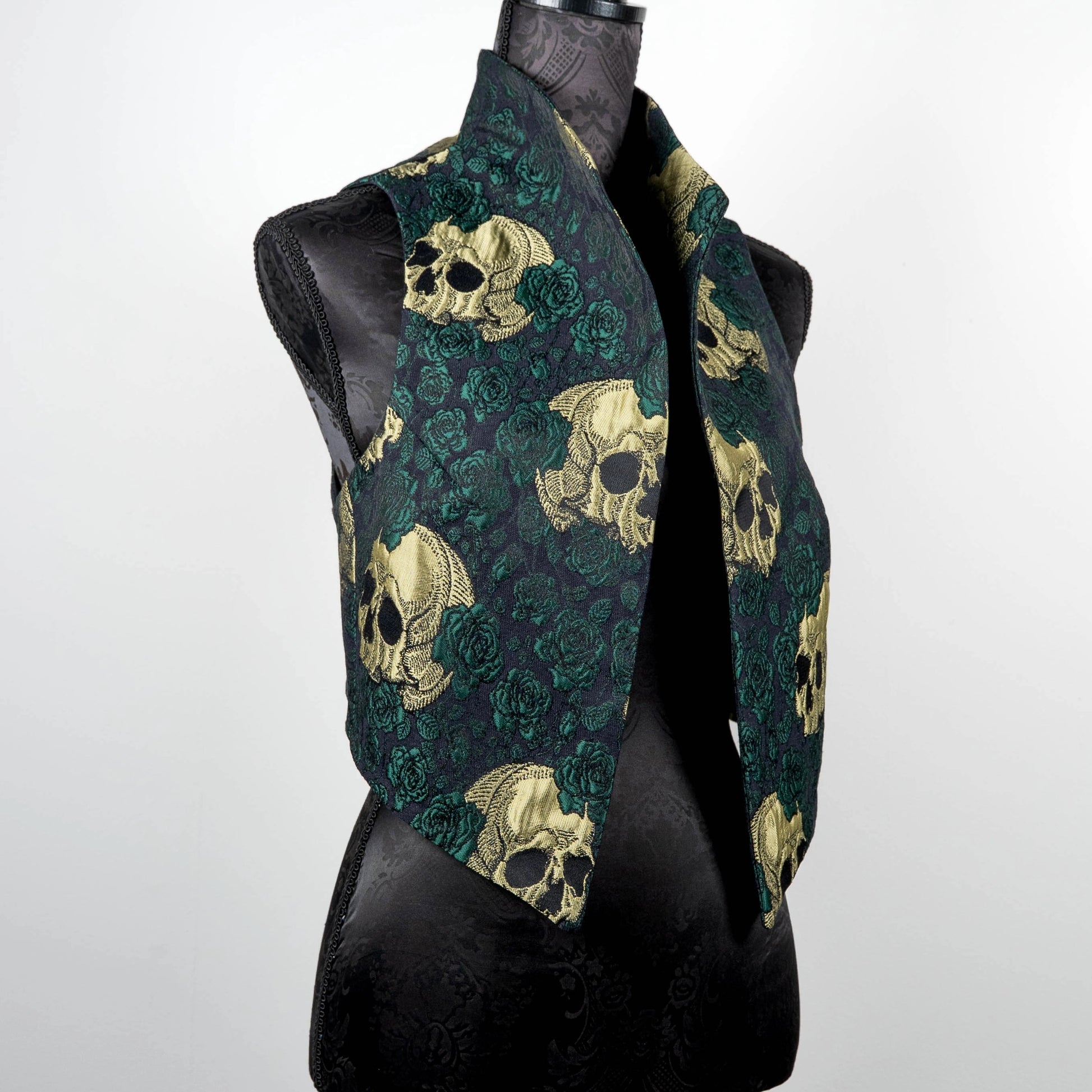 skulls and roses vest jacquard brocade vest Gothic style ladies apparel stylish clothing handmade in Melbourne classy elegant clothing timeless pieces timeless clothing classic style unique clothing unique style ageless style luxe fabrics statement clothing statement style evening style clothing floral vest stand up collar womens clothing made in Australia Eloise the label