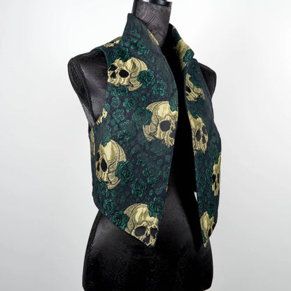 skulls and roses vest jacquard brocade vest Gothic style ladies apparel stylish clothing handmade in Melbourne classy elegant clothing timeless pieces timeless clothing classic style unique clothing unique style ageless style luxe fabrics statement clothing statement style evening style clothing floral vest stand up collar womens clothing made in Australia Eloise the label