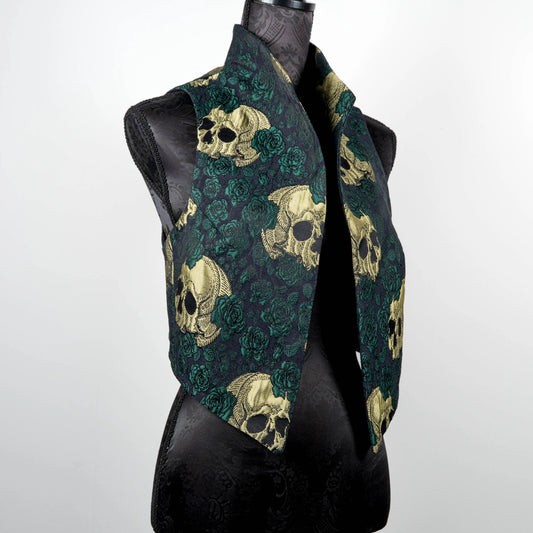 skulls and roses vest jacquard brocade vest Gothic style ladies apparel stylish clothing handmade in Melbourne classy elegant clothing timeless pieces timeless clothing classic style unique clothing unique style ageless style luxe fabrics statement clothing statement style evening style clothing floral vest stand up collar womens clothing made in Australia Eloise the label