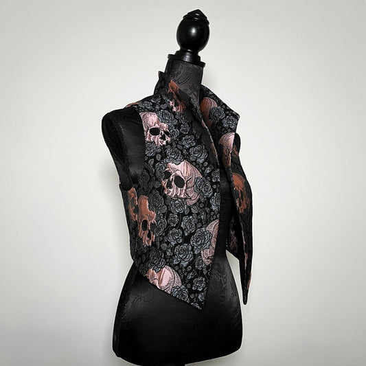 skulls and roses vest jacquard brocade vest ladies apparel stylish clothing handmade in melbourne classy elegant clothing timeless pieces timeless clothing classic style unique clothing unique style ageless style luxe fabrics statement clothing statement style evening style clothing floral vest stand up collar womens clothing made in australia eloise the label