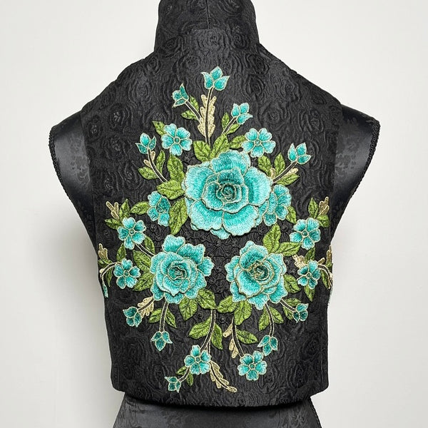 blue floral embroidered vest black jacquard brocade vest ladies apparel stylish clothing handmade in melbourne classy elegant clothing timeless pieces timeless clothing classic style unique clothing unique style ageless style luxe fabrics statement clothing statement style evening style bold clothing floral vest stand up collar womens clothing made in australia eloise the label