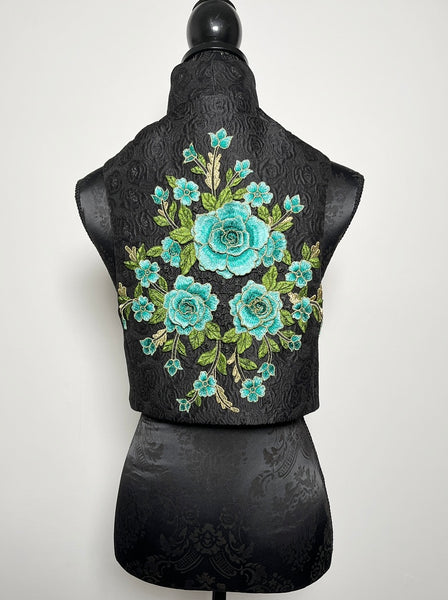 blue floral embroidered vest black jacquard brocade vest ladies apparel stylish clothing handmade in melbourne classy elegant clothing timeless pieces timeless clothing classic style unique clothing unique style ageless style luxe fabrics statement clothing statement style evening style bold clothing floral vest stand up collar womens clothing made in australia eloise the label