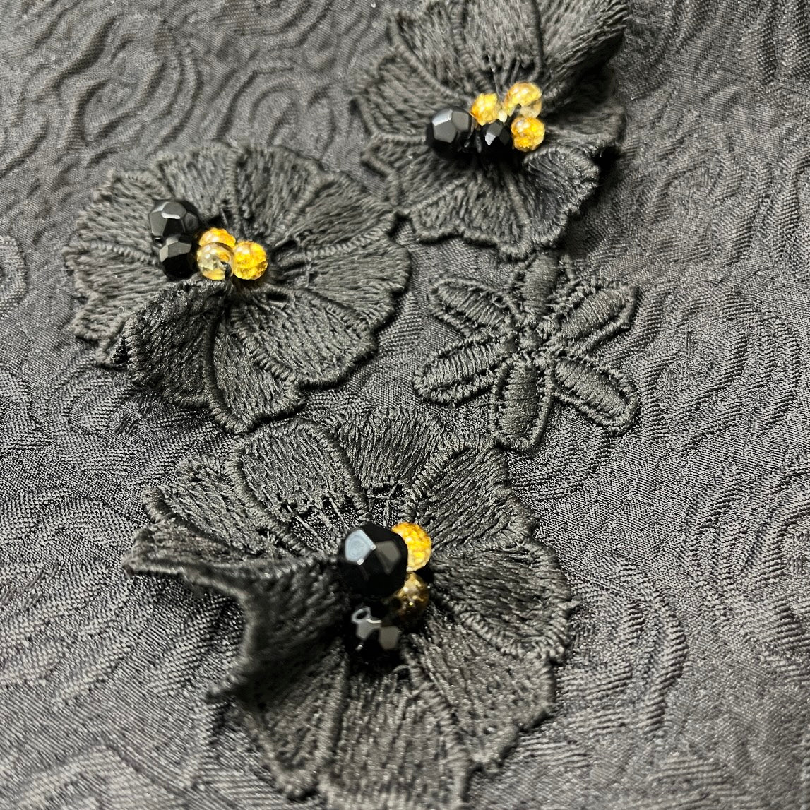 Nikita Vest - Black floral jacquard with beaded lace motifs - One Of A Kind