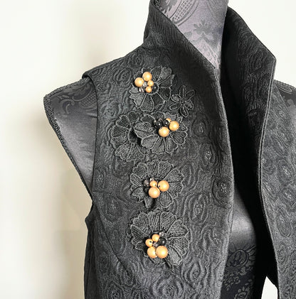 Nikita Vest - Black floral jacquard with beaded lace motifs - One Of A Kind