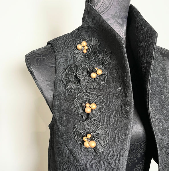 Nikita Vest - Black floral jacquard with beaded lace motifs - One Of A Kind