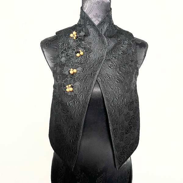 Nikita Vest - Black floral jacquard with beaded lace motifs - One Of A Kind