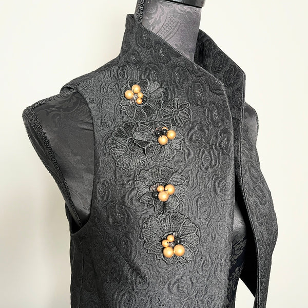 Nikita Vest - Black floral jacquard with beaded lace motifs - One Of A Kind