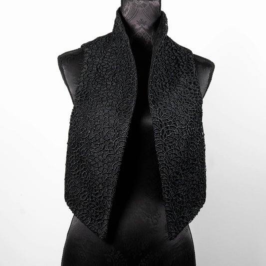 Gothic style Black web lace mesh vest with high stand up collar unique style evening wear made in Melbourne Eloise the label