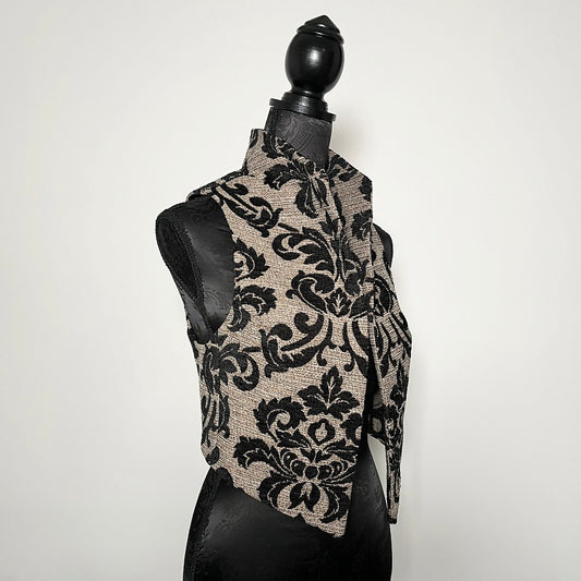 gothic black jacquard brocade vest fleur de lis vest jacquard brocade vest ladies apparel stylish clothing handmade in melbourne classy elegant clothing timeless pieces timeless clothing classic style unique clothing unique style ageless style luxe fabrics statement clothing statement style evening style clothing floral vest stand up collar womens clothing made in australia eloise the label