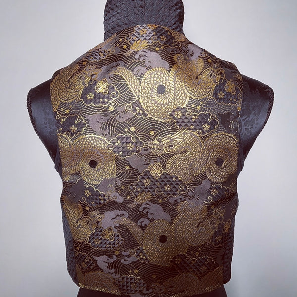 dragon serpent brocade vest ladies apparel stylish clothing handmade in melbourne classy elegant clothing timeless pieces timeless clothing classic style unique clothing unique style ageless style luxe fabrics statement clothing statement style evening style clothing floral vest stand up collar womens clothing made in australia eloise the label