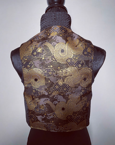 dragon serpent brocade vest ladies apparel stylish clothing handmade in melbourne classy elegant clothing timeless pieces timeless clothing classic style unique clothing unique style ageless style luxe fabrics statement clothing statement style evening style clothing floral vest stand up collar womens clothing made in australia eloise the label