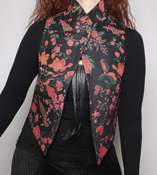 floral vest brocade vest obi belt womens vest ladies apparel stylish clothing handmade in melbourne classy elegant clothing timeless pieces timeless clothing classic style unique clothing unique style ageless style luxe fabrics statement clothing statement style evening style clothing stand up collar luxe jacquard vest womens clothing made in australia one of a kind eloise the label