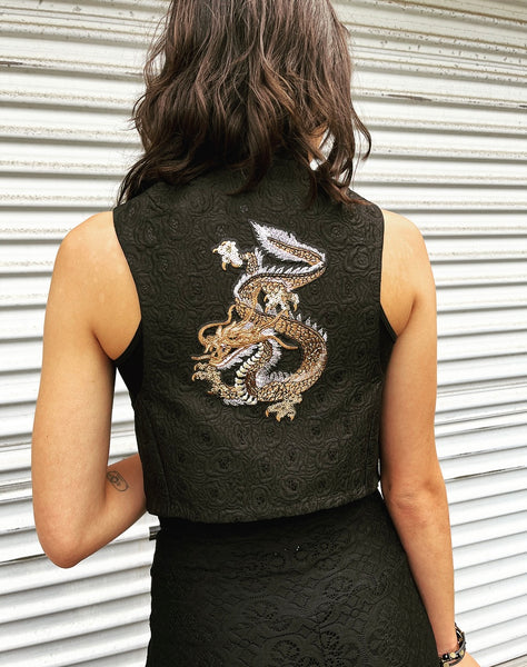 dragon vest roses floral brocade jacquard vest gold brocade ladies apparel stylish clothing handmade in melbourne classy elegant clothing timeless pieces timeless clothing classic style unique clothing unique style ageless style luxe fabrics statement clothing statement style evening style bold clothing floral vest stand up collar womens clothing made in australia eloise the label
