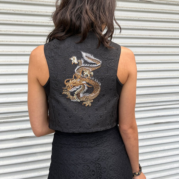 dragon vest roses floral brocade jacquard vest gold brocade ladies apparel stylish clothing handmade in melbourne classy elegant clothing timeless pieces timeless clothing classic style unique clothing unique style ageless style luxe fabrics statement clothing statement style evening style bold clothing floral vest stand up collar womens clothing made in australia eloise the label