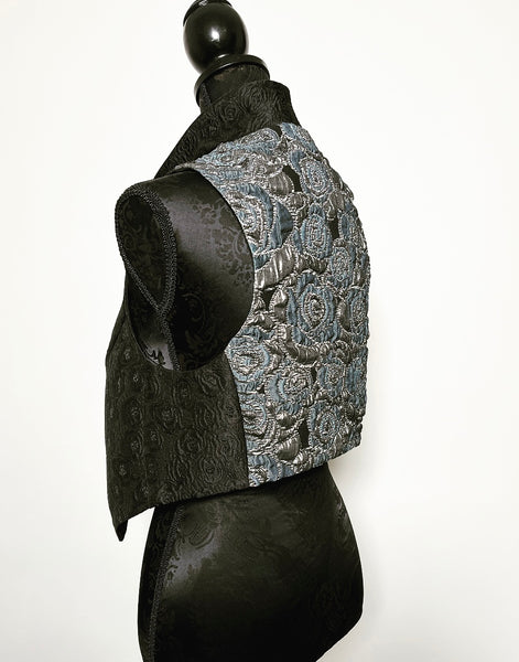black floral brocade jacquard vest silver brocade ladies apparel stylish clothing handmade in melbourne classy elegant clothing timeless pieces timeless clothing classic style unique clothing unique style ageless style luxe fabrics statement clothing statement style evening style bold clothing floral vest stand up collar womens clothing made in australia eloise the label
