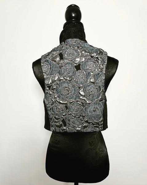 black floral brocade jacquard vest silver brocade ladies apparel stylish clothing handmade in melbourne classy elegant clothing timeless pieces timeless clothing classic style unique clothing unique style ageless style luxe fabrics statement clothing statement style evening style bold clothing floral vest stand up collar womens clothing made in australia eloise the label