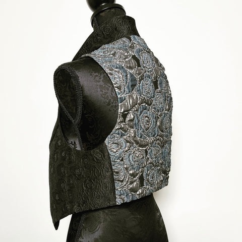 black floral brocade jacquard vest silver brocade  ladies apparel stylish clothing handmade in melbourne classy elegant clothing timeless pieces timeless clothing classic style unique clothing unique style ageless style luxe fabrics statement clothing statement style evening style bold clothing floral vest stand up collar womens clothing made in australia eloise the label