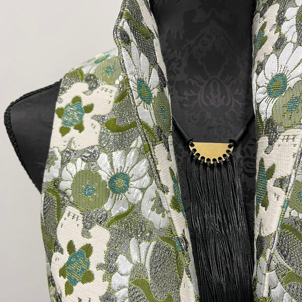 olive green  floral brocade vest ladies apparel stylish clothing handmade in melbourne classy elegant clothing timeless pieces timeless clothing classic style unique clothing unique style ageless style luxe fabrics statement clothing statement style evening style clothing floral vest stand up collar womens clothing made in australia eloise the label