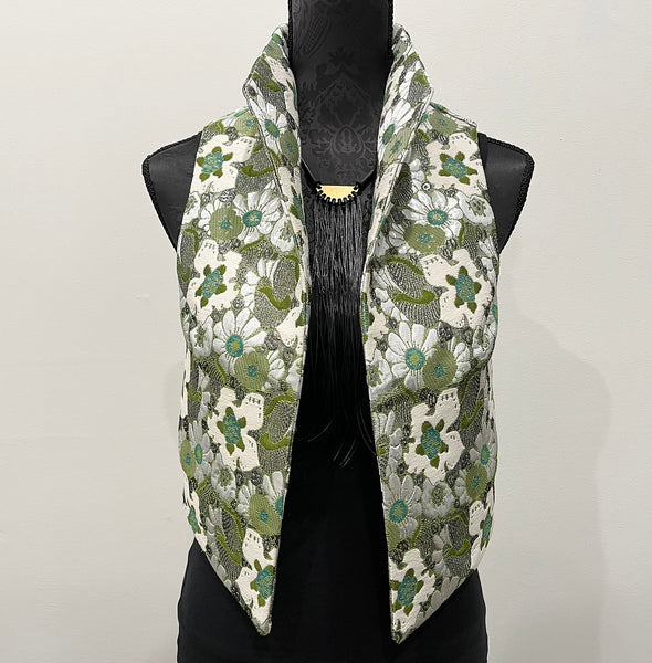 olive green floral brocade vest ladies apparel stylish clothing handmade in melbourne classy elegant clothing timeless pieces timeless clothing classic style unique clothing unique style ageless style luxe fabrics statement clothing statement style evening style clothing floral vest stand up collar womens clothing made in australia eloise the label