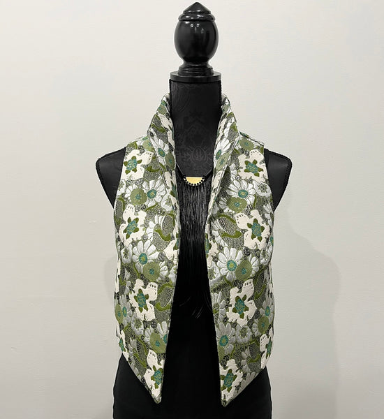 olive green floral brocade vest ladies apparel stylish clothing handmade in melbourne classy elegant clothing timeless pieces timeless clothing classic style unique clothing unique style ageless style luxe fabrics statement clothing statement style evening style clothing floral vest stand up collar womens clothing made in australia eloise the label