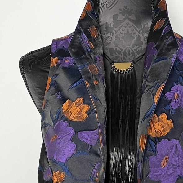 purple floral  brocade vest ladies apparel stylish clothing handmade in melbourne classy elegant clothing timeless pieces timeless clothing classic style unique clothing unique style ageless style luxe fabrics statement clothing statement style evening style clothing floral vest stand up collar womens clothing made in australia eloise the label