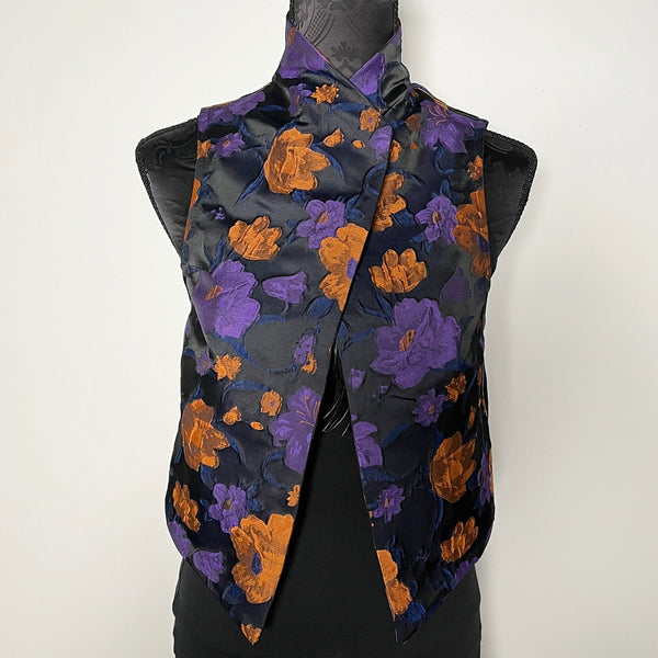 purple floral brocade vest ladies apparel stylish clothing handmade in melbourne classy elegant clothing timeless pieces timeless clothing classic style unique clothing unique style ageless style luxe fabrics statement clothing statement style evening style clothing floral vest stand up collar womens clothing made in australia eloise the label