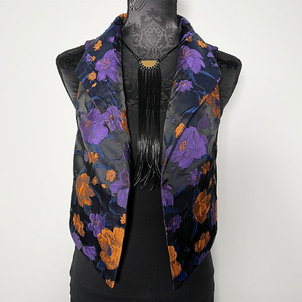 purple floral brocade vest ladies apparel stylish clothing handmade in melbourne classy elegant clothing timeless pieces timeless clothing classic style unique clothing unique style ageless style luxe fabrics statement clothing statement style evening style clothing floral vest stand up collar womens clothing made in australia eloise the label