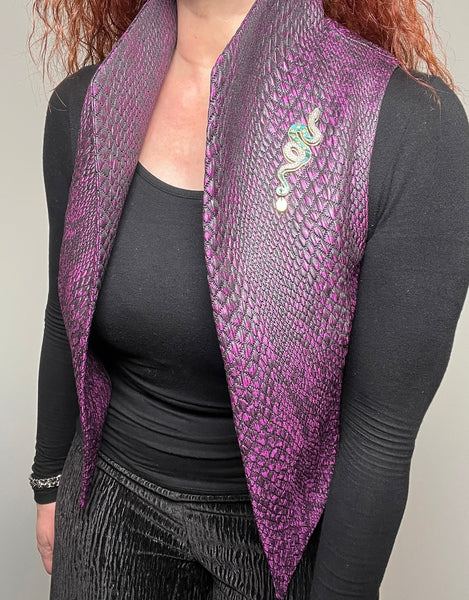 purple vest snakeskin womens vest ladies apparel stylish clothing handmade in melbourne classy elegant clothing timeless pieces timeless clothing classic style unique clothing unique style ageless style luxe fabrics statement clothing statement style evening style clothing stand up collar blue vest womens clothing made in australia eloise the label