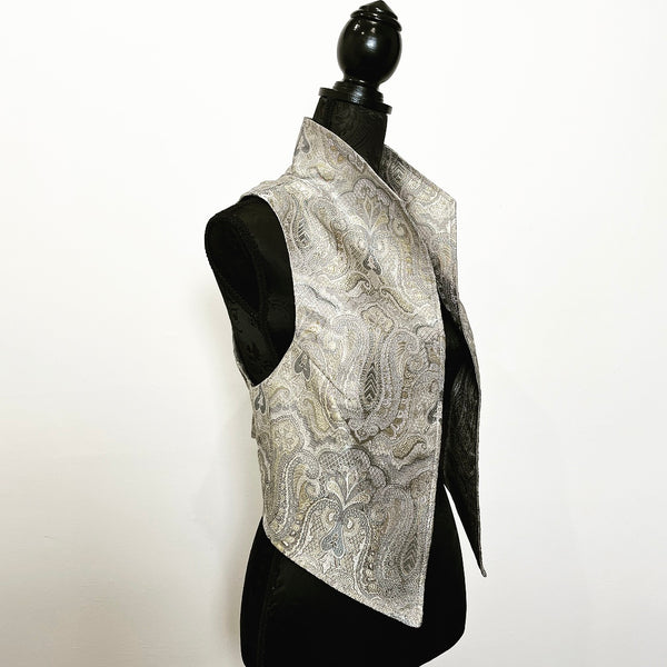 silver gold paisley brocade vest womens vest ladies apparel stylish clothing handmade in melbourne classy elegant clothing timeless pieces timeless clothing classic style unique clothing unique style ageless style luxe fabrics statement clothing statement style evening style clothing stand up collar luxe jacquard vest silver grey womens clothing made in australia eloise the label