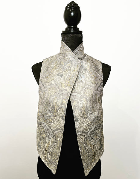 silver gold paisley brocade vest womens vest ladies apparel stylish clothing handmade in melbourne classy elegant clothing timeless pieces timeless clothing classic style unique clothing unique style ageless style luxe fabrics statement clothing statement style evening style clothing stand up collar luxe jacquard vest silver grey womens clothing made in australia eloise the label