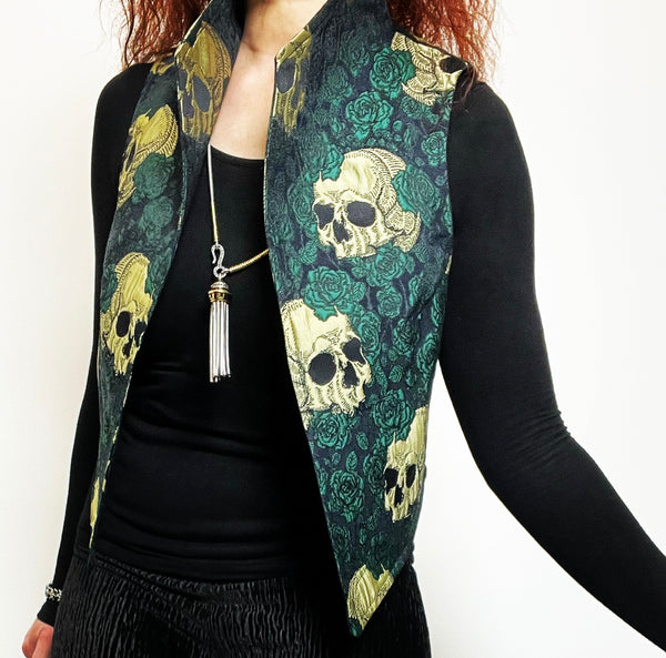 skulls and roses vest jacquard brocade vest ladies apparel stylish clothing handmade in melbourne classy elegant clothing timeless pieces timeless clothing classic style unique clothing unique style ageless style luxe fabrics statement clothing statement style evening style clothing floral vest stand up collar womens clothing made in australia eloise the label