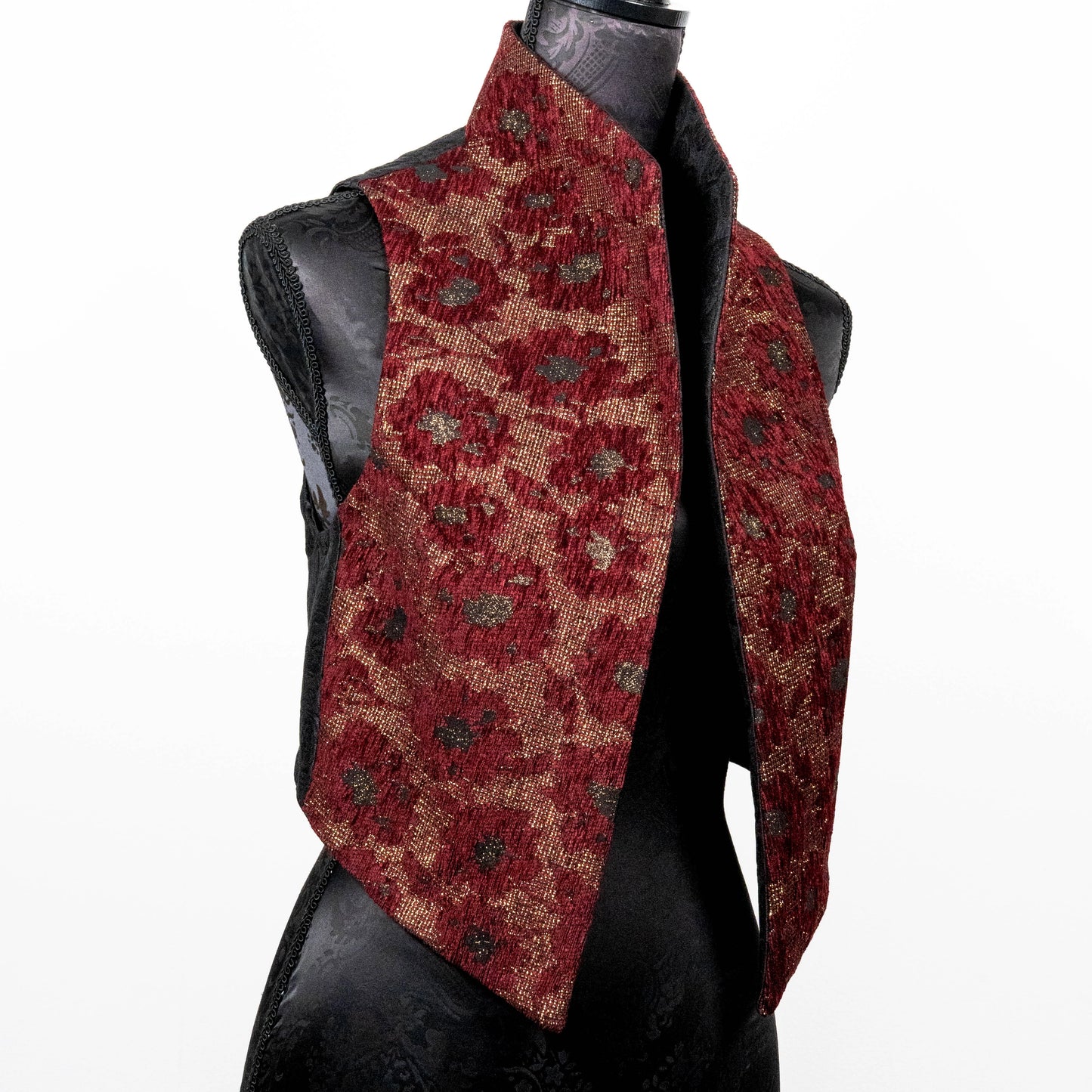 burgandy brocade womans vest with high collar made in Melbourne Eloise the label