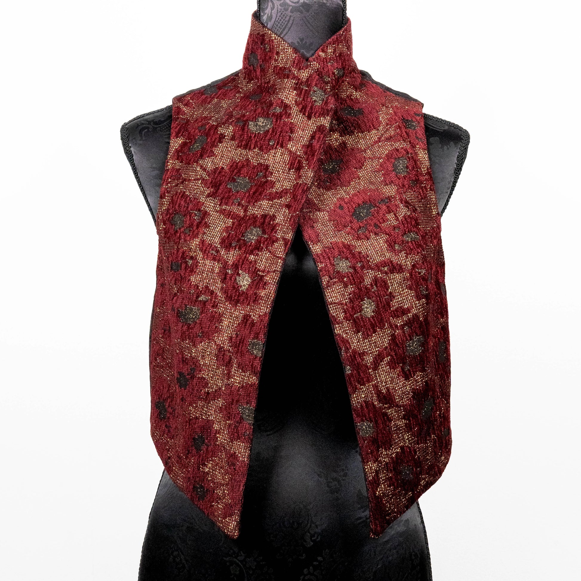 burgandy brocade womans vest with high collar made in Melbourne Eloise the label