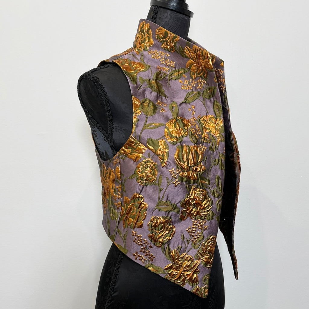 floral brocade jacquard vest gold brocade ladies apparel stylish clothing handmade in melbourne classy elegant clothing timeless pieces timeless clothing classic style unique clothing unique style ageless style luxe fabrics statement clothing statement style evening style bold clothing floral vest stand up collar womens clothing made in australia eloise the label