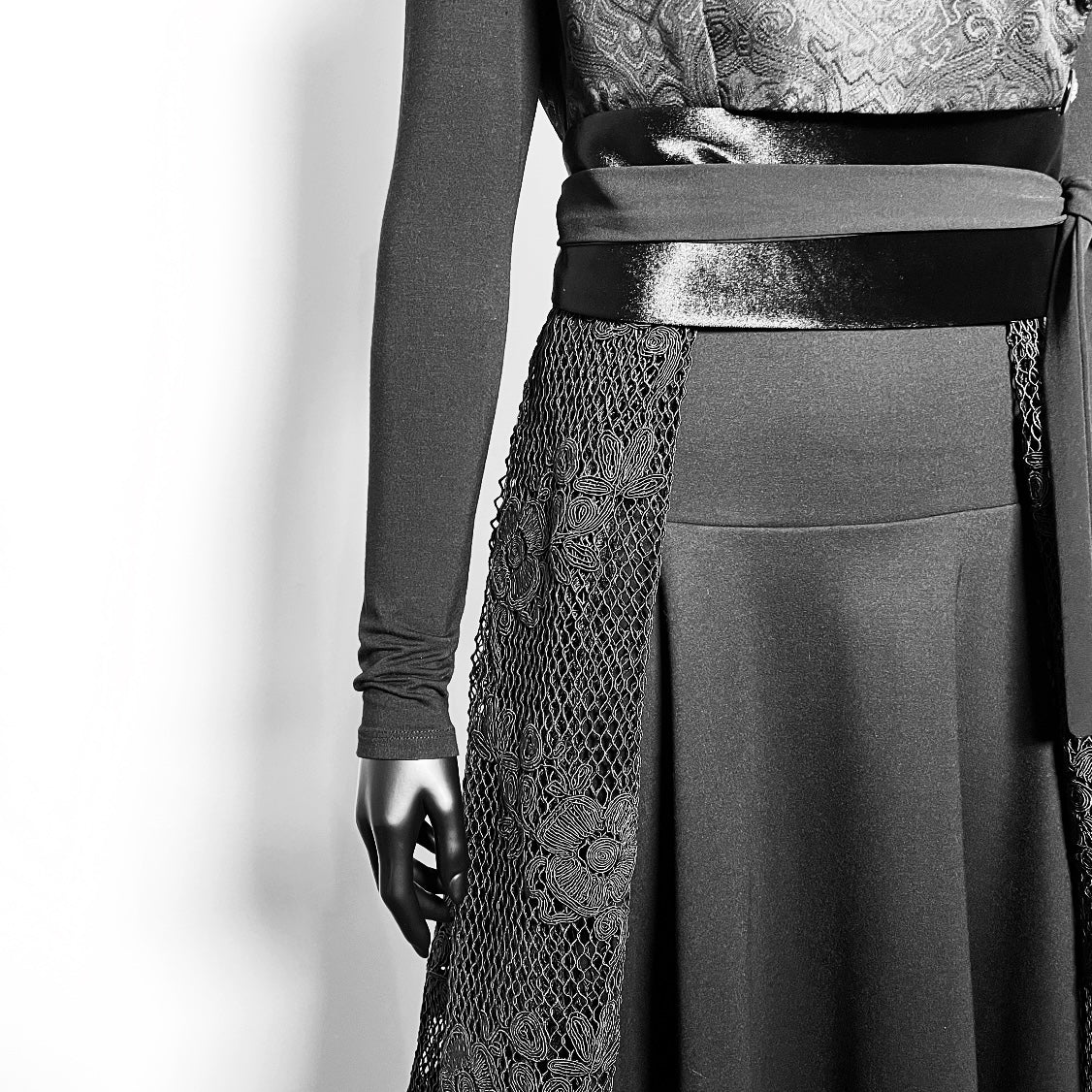 One Of A Kind Longline Vest And Obi Belt Set - Black Jacquard And Corded Mesh Lace