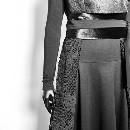 One Of A Kind Longline Vest And Obi Belt Set - Black Jacquard And Corded Mesh Lace
