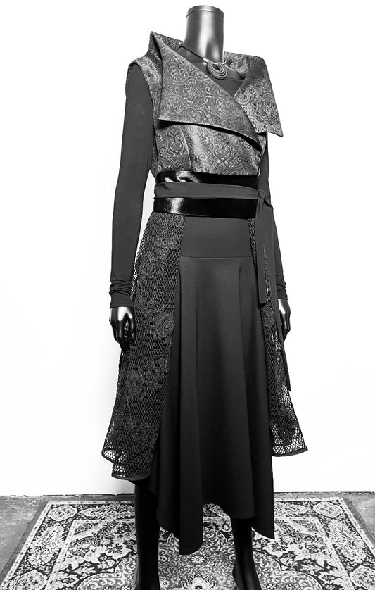 One Of A Kind Longline Vest And Obi Belt Set - Black Jacquard And Corded Mesh Lace