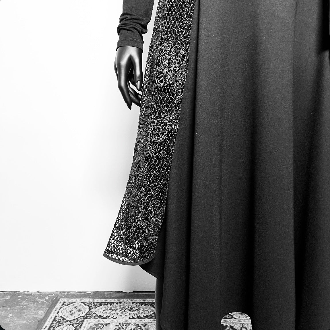 One Of A Kind Longline Vest And Obi Belt Set - Black Jacquard And Corded Mesh Lace