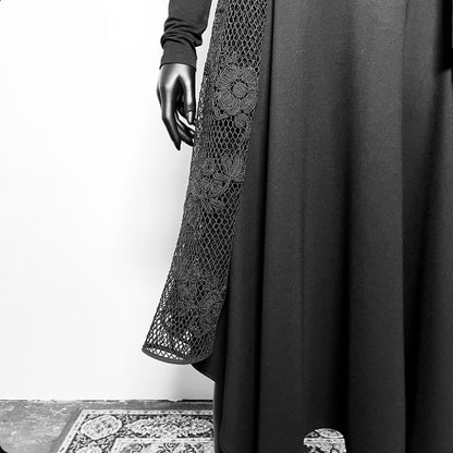 One Of A Kind Longline Vest And Obi Belt Set - Black Jacquard And Corded Mesh Lace