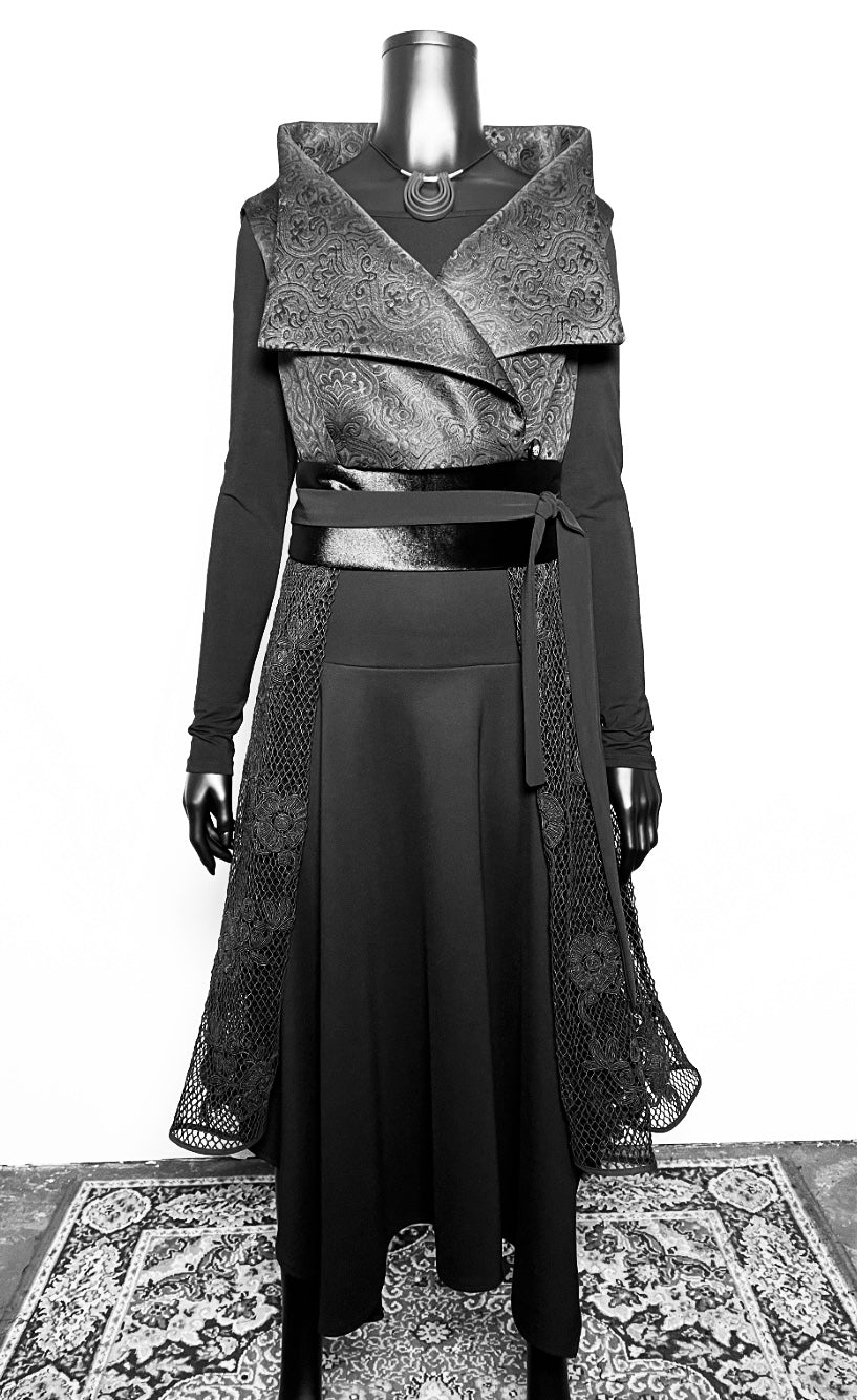 One Of A Kind Longline Vest And Obi Belt Set - Black Jacquard And Corded Mesh Lace