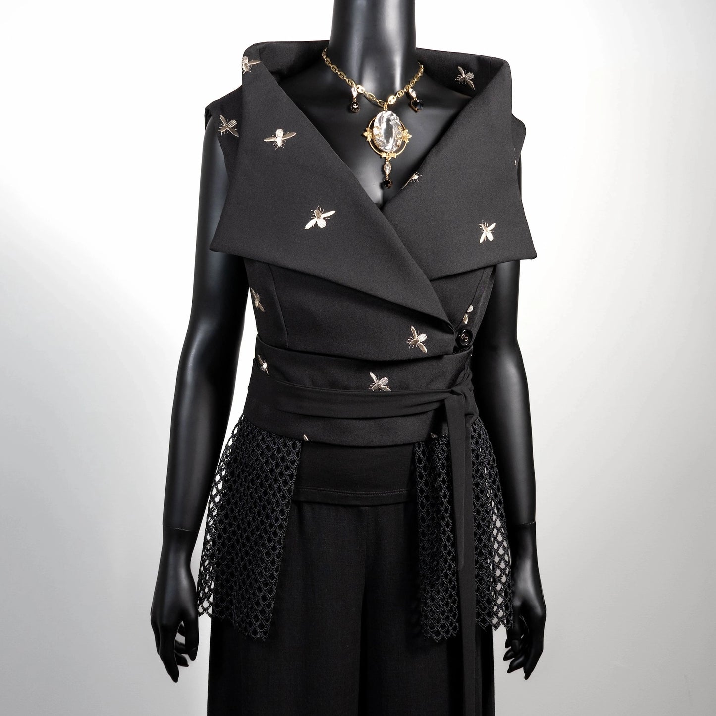 Black vest with embroidered bees and mesh lace obi belt Melbourne made clothing Eloise the label