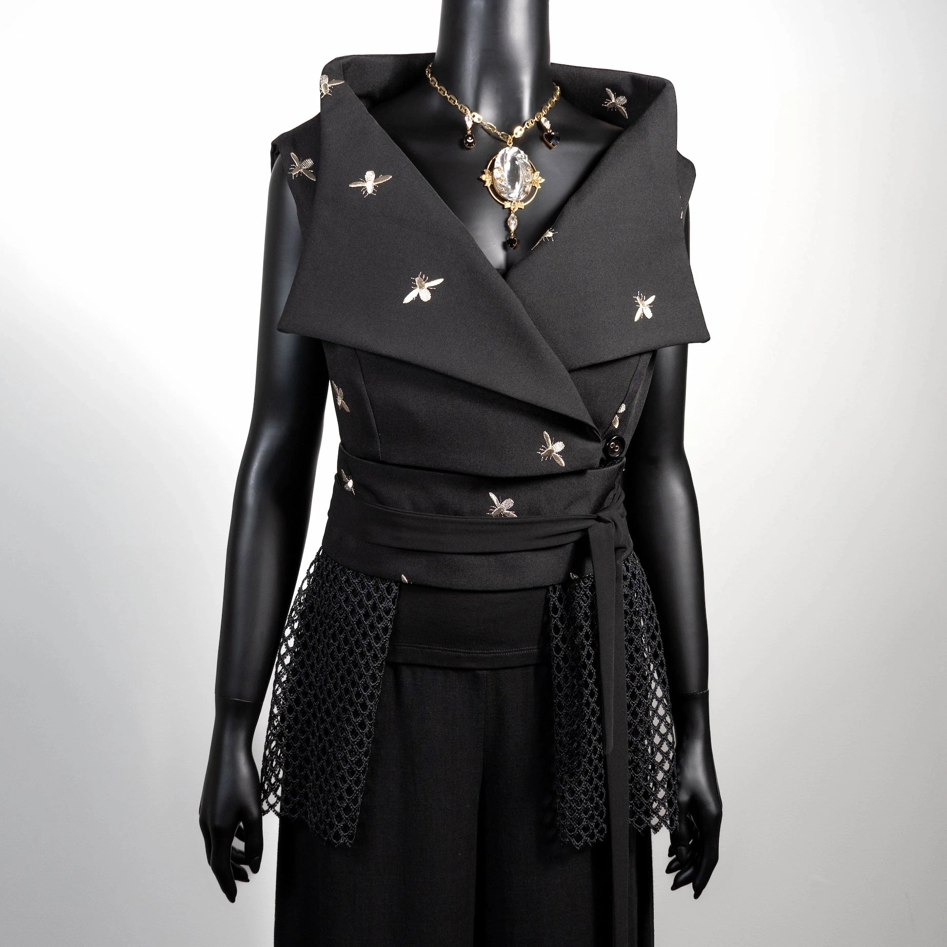 Black vest with embroidered bees and mesh lace obi belt Melbourne made clothing Eloise the label