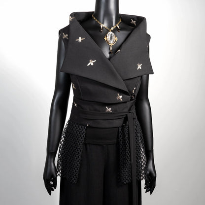 Black vest with embroidered bees and mesh lace obi belt Melbourne made clothing Eloise the label