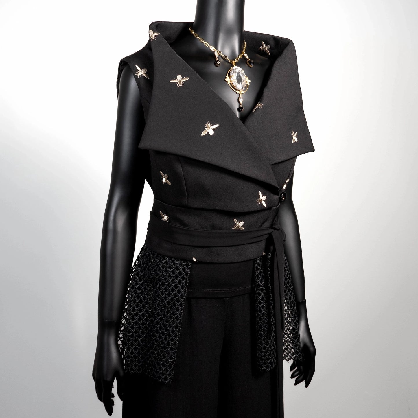 Black vest with embroidered bees and mesh lace obi belt Melbourne made clothing Eloise the label